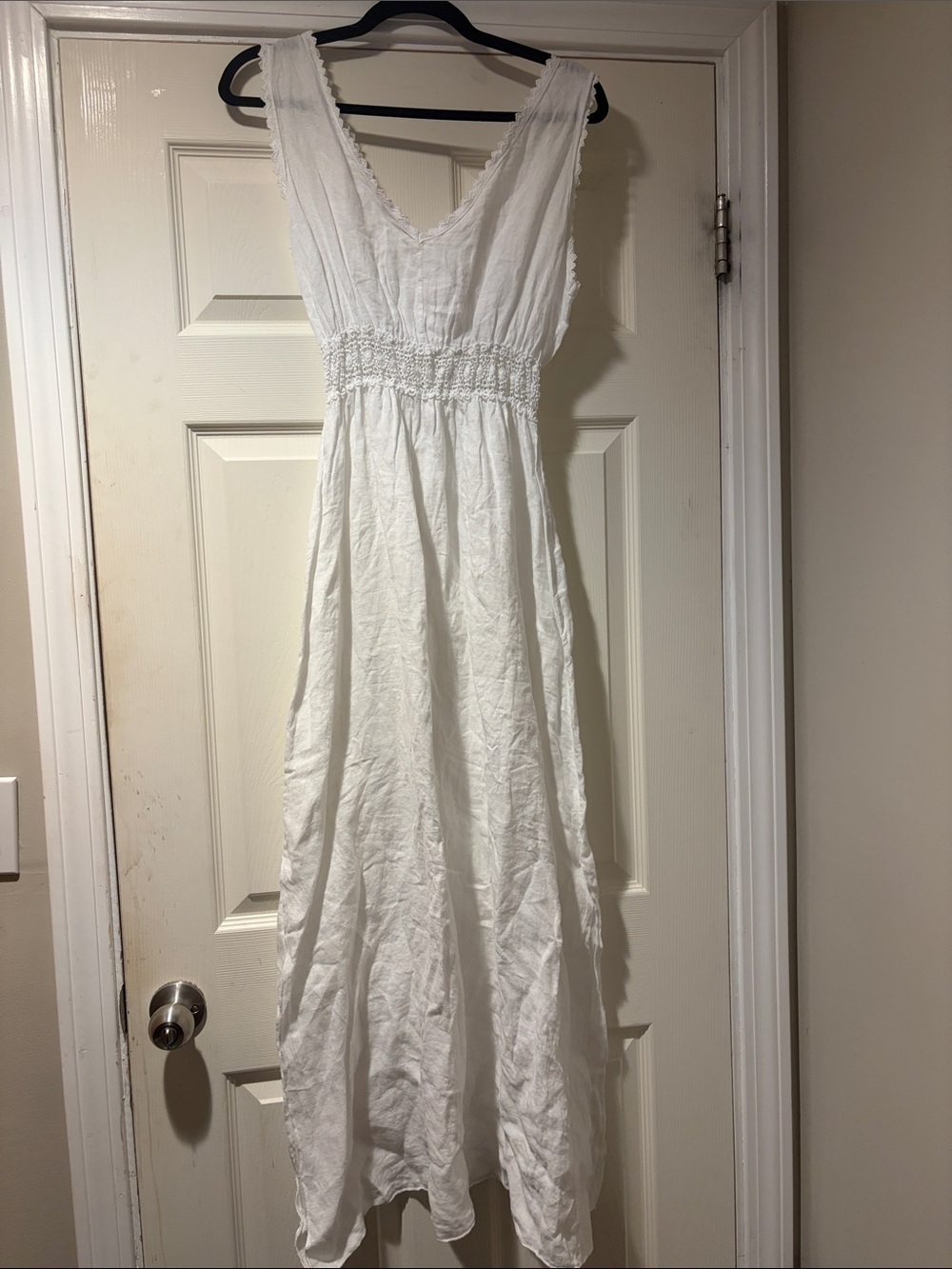 White Maxi Dress with V-Neck and Smocked Waist